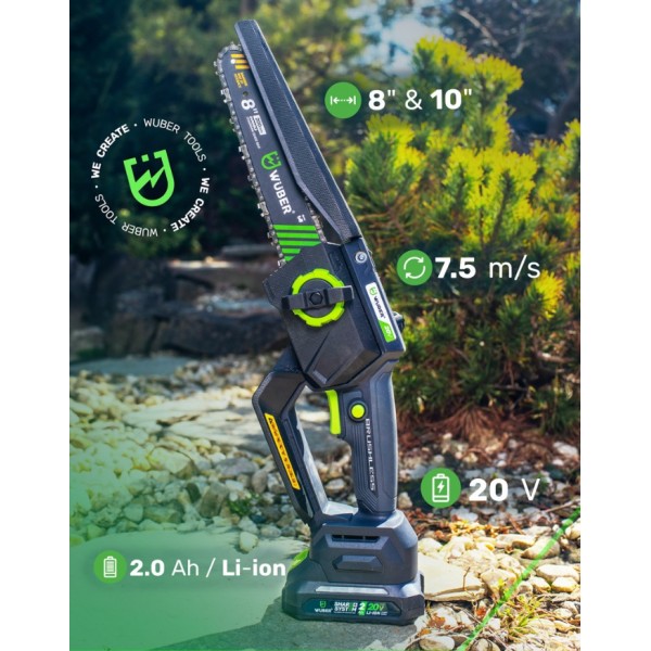 Akumuliatorinis mini grandininis pjūklas WUBER 8" 10" su 2.0Ah baterija 20V